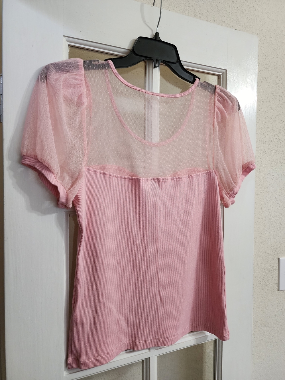 Maeve Anthropologie XL Pink Ribbed Mesh Puff Sleeve Swiss Dot Top - Picture 4 of 10